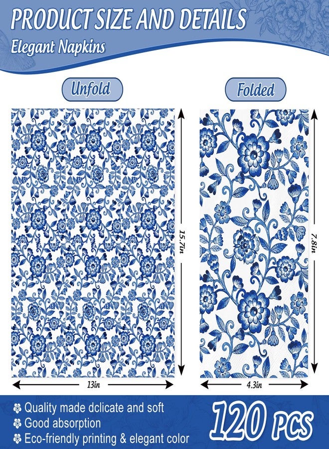 JarThenaAMCS مناديل ضيوف JarThenaAMCS، 120 قطعة، باللونين الأزرق والأبيض بنقوش زهور، بتصميم كلاسيكي، للاستخدام مرة واحدة، بنمط صيني، مناسبة للعشاء، مناشف ورقية، مثالية للحمام، حفلات الزفاف، أعياد الميلاد، وتزيين الطاولات. - Image 2